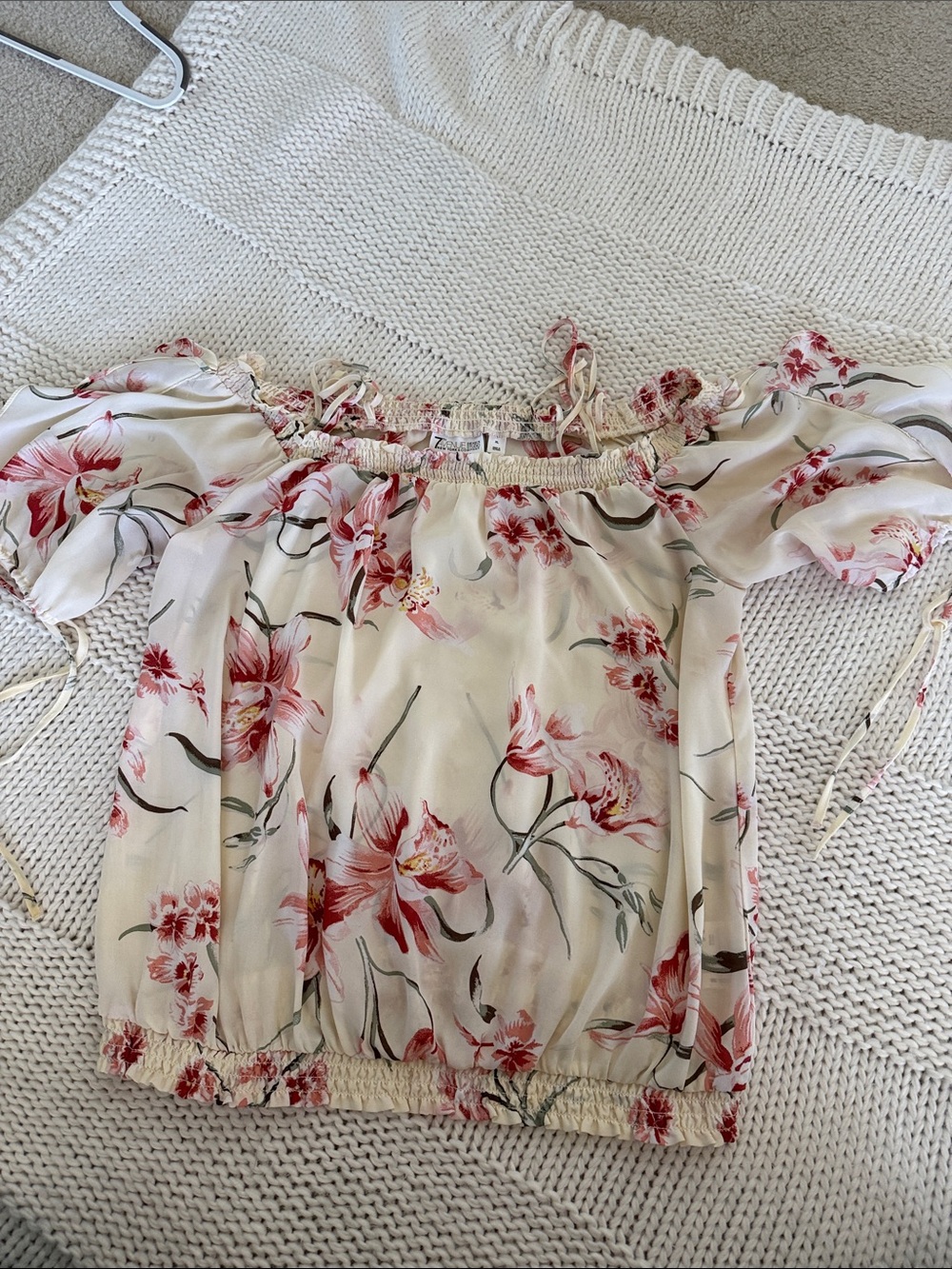 New York & Company Cream Floral Off-Shoulder Blouse with Pink Blossoms